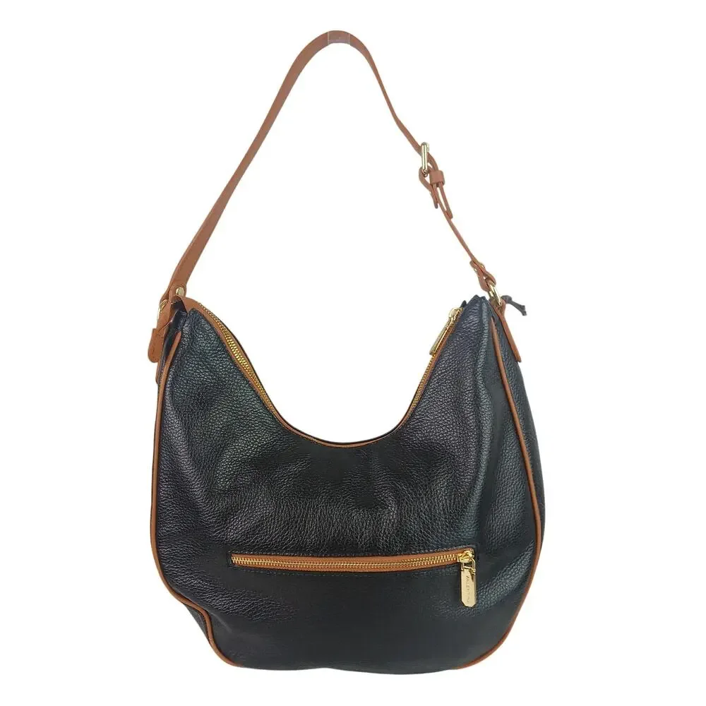 Valentina Hobo Bag Genuine Pebbled Leather Black Brown Trim Original Tags